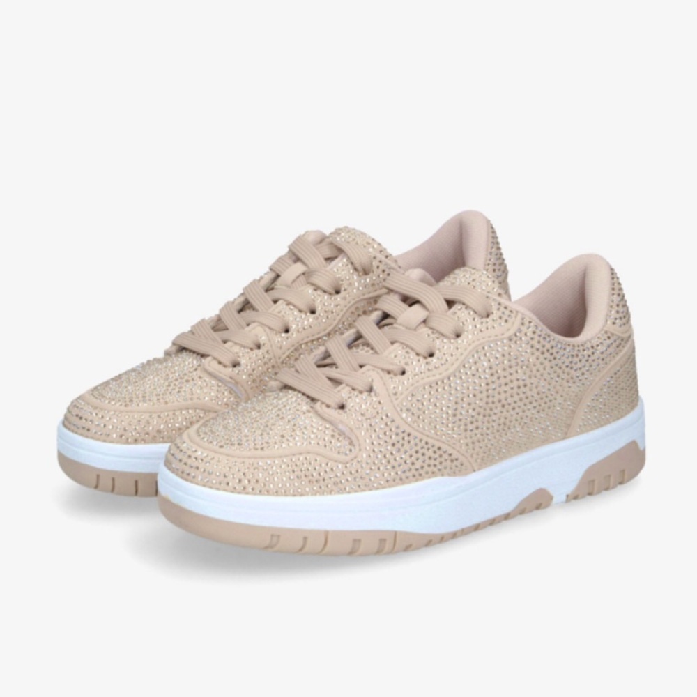 Kids Beige Rhinestone Lace-Up Sneakers